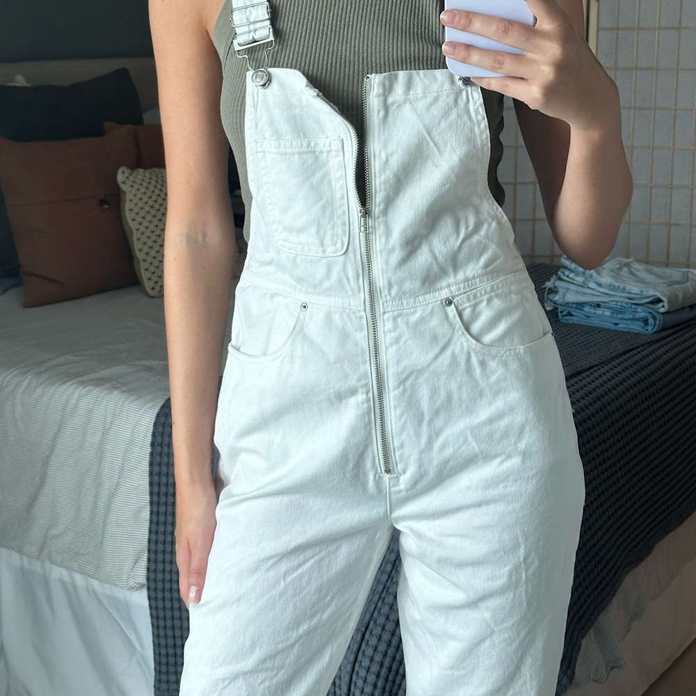 White Straight Leg Denim Overalls